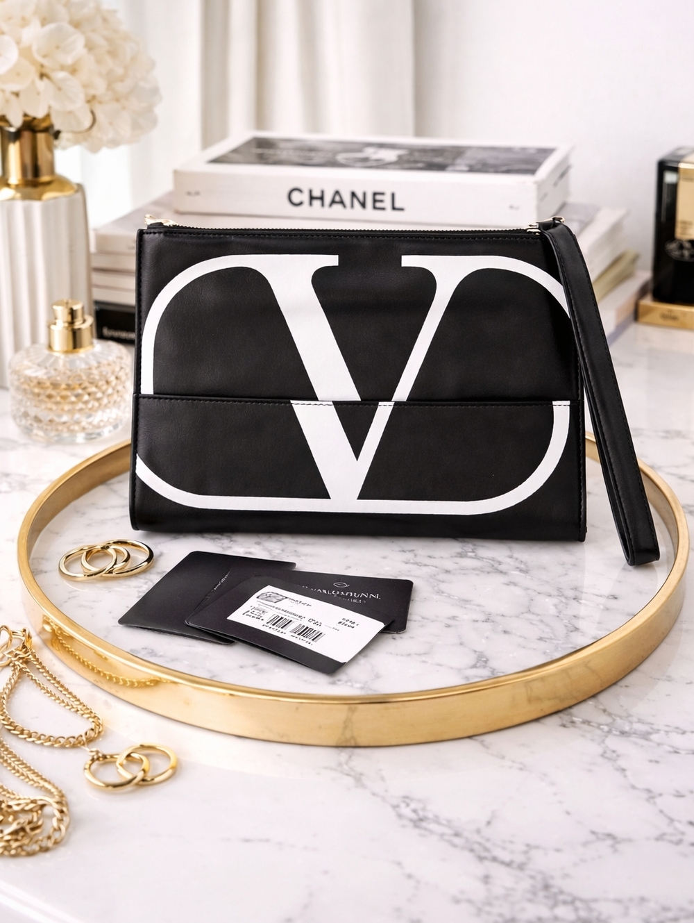 Valentino Garavani VLogo Large Wristlet Clutch – Black/White